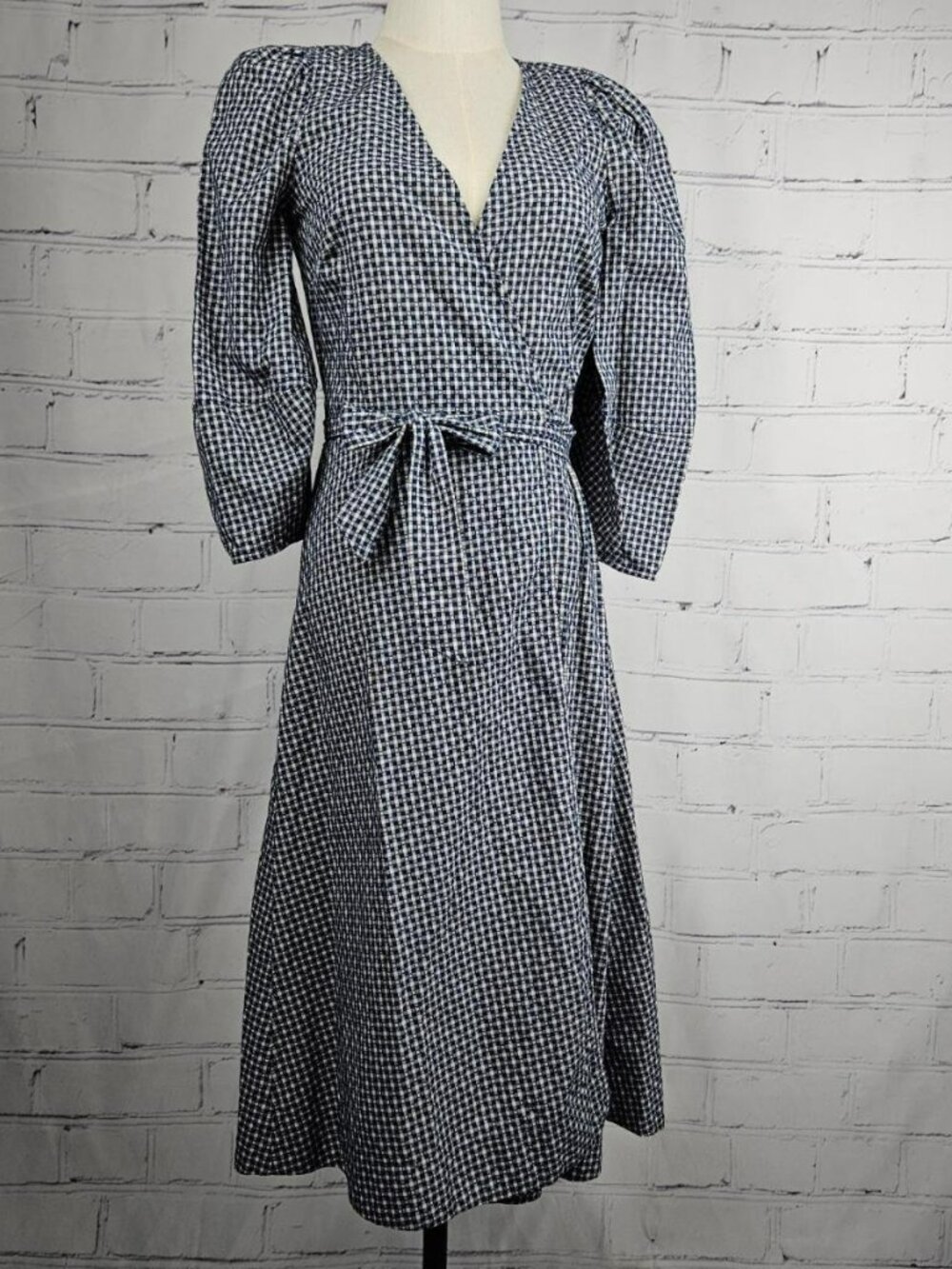 Madewell Womens XS Do Well Navy White Gingham Wrap Midi Dress Farm Country Trad